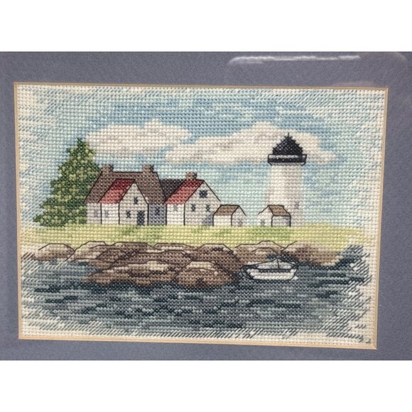 Framed Lighthouse Scene Needlepoint Art 11x9 Inches - Picture 2 of 7